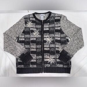Vintage Northern Reflections Black and Gray Zip-Up Sweater Embroidered Snowflake